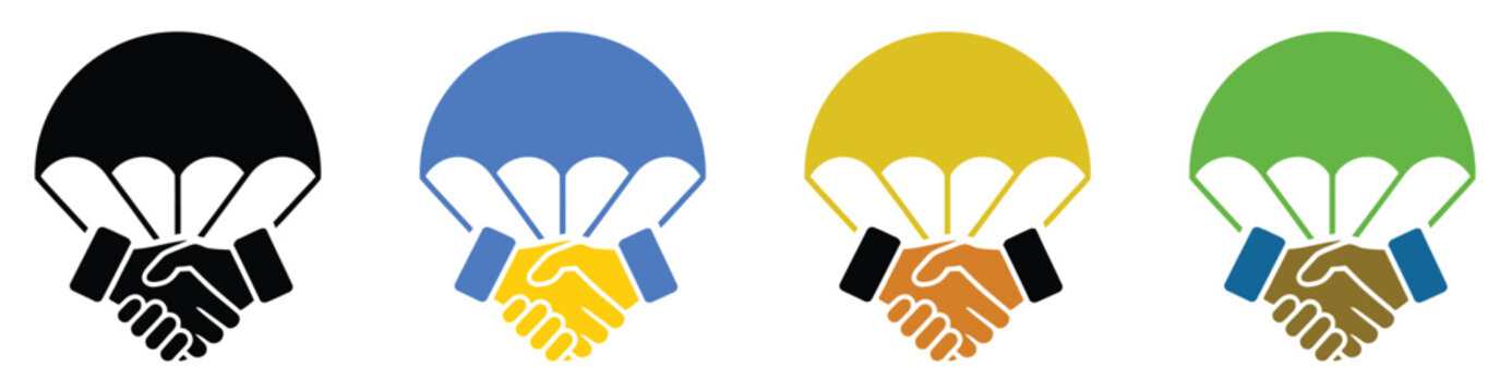 Set of handshake icons under a parachute representing financial security and safety in business