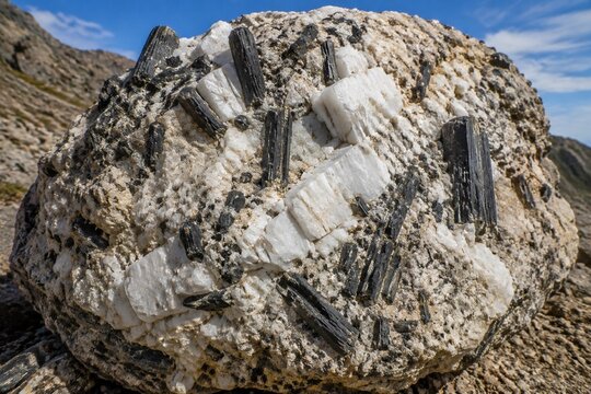 Granite pegmatite specimen with black tourmaline and white feldspar crystals.