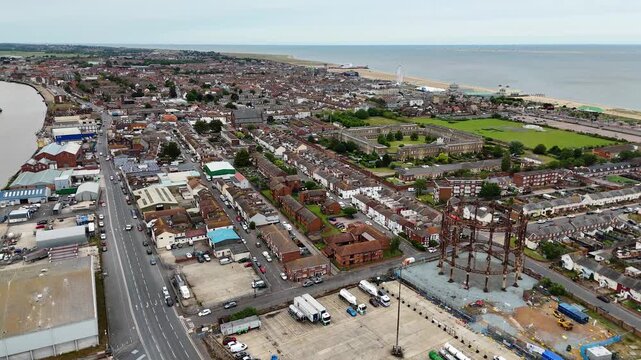 Aerial view of Great Yarmouth town and historic gasholder, United Kingdom