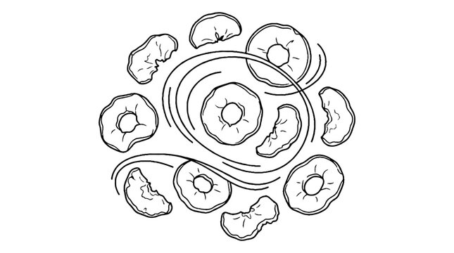 Hand drawn doodle sketch of dried pineapple rings and fruit pieces.