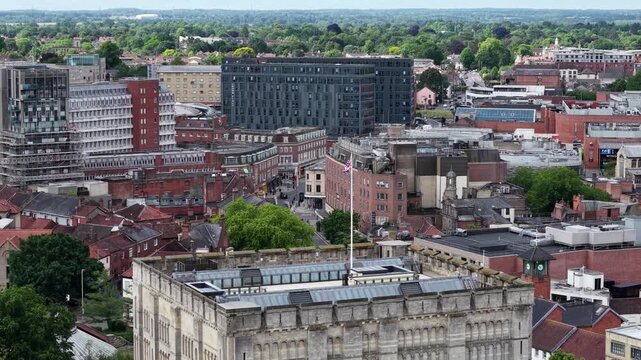 Aerial view of Norwich Castle and city skyline, United Kingdom
