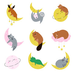 Fototapeta premium Cute cartoon animals sleeping on crescent moons. Funny vector characters