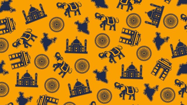 India Independence Day Pattern Animation &ndash; Looping 4K patriotic background with repeating elephant, Taj Mahal, India Gate, Ashoka Chakra, and India map icons in a bold seamless celebration pattern.