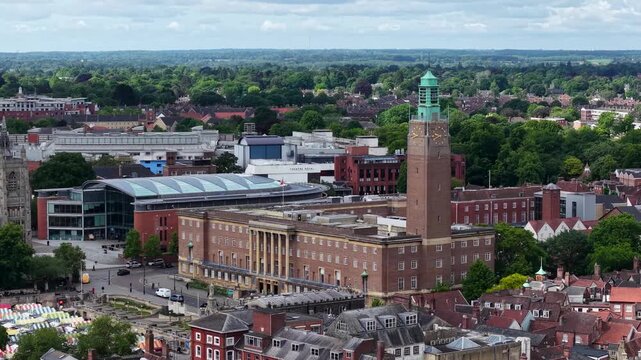 Drone shot of Norwich City Hall, Norfolk, United Kingdom