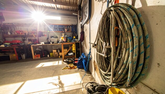 Durable climbing rope bundles and assorted gear neatly coiled and organized on a workshop wall, ready for adventure.