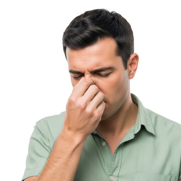 Man pinching nose in disgust due to bad odor unpleasant smell or foul scent