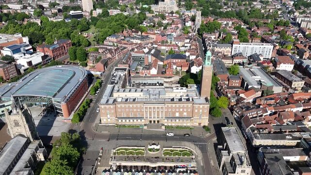 Aerial view of Norwich Market and City Hall, Norfolk, United Kingdom