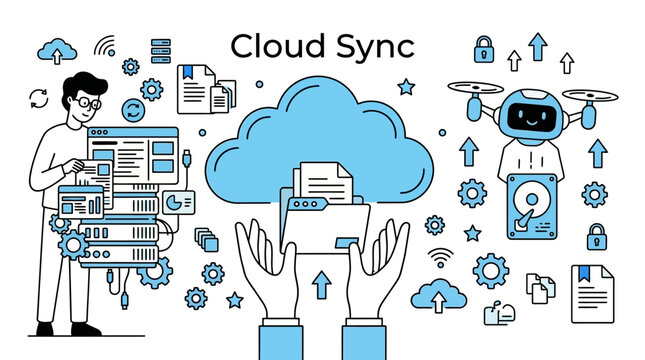 A person interacts with a computer and cloud storage while a robot and various icons surround them.