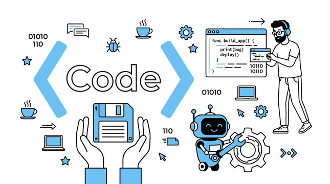 A person interacts with a robot holding code on a screen with various programming symbols.