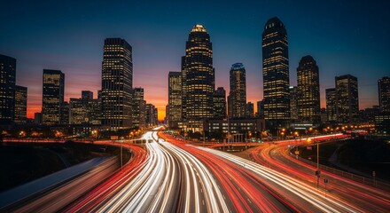 Fototapeta premium Urban Skyline Light Trails Capturing City Life at Dusk