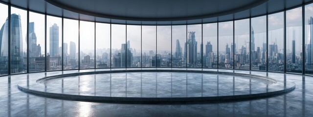 Fototapeta premium Modern Polished Concrete Display Platform in Luxury Urban Environment with Panoramic City Views