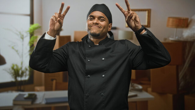 Hispanic man chef wearing black uniform flashes two peace signs with both hands in studio among moving boxes and houseplants; confidence celebration.