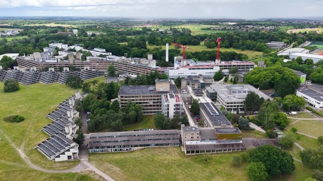 Aerial view of University of East Anglia campus, Norwich city, Norfolk, UK