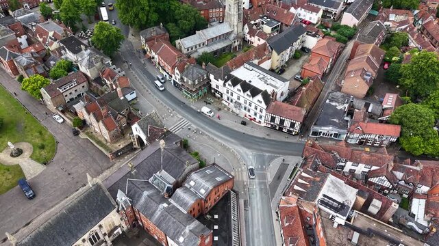 Drone view of streets and historic buildings in Norwich, Norfolk, United Kingdom