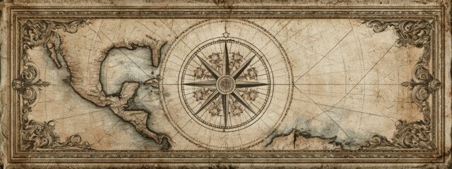 Fototapeta premium Elegant Colonial Era Map with Faded Compass Design and Intricate Border Decorations