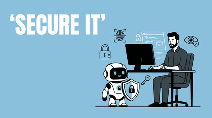 A robot with a shield stands beside a man working on a computer securely. © Fendi