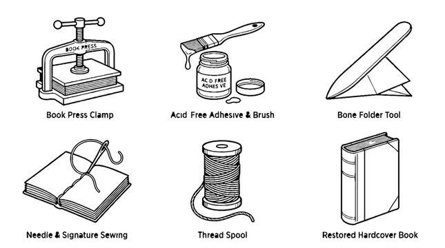 Set of bookbinding tools and equipment line art illustrations.