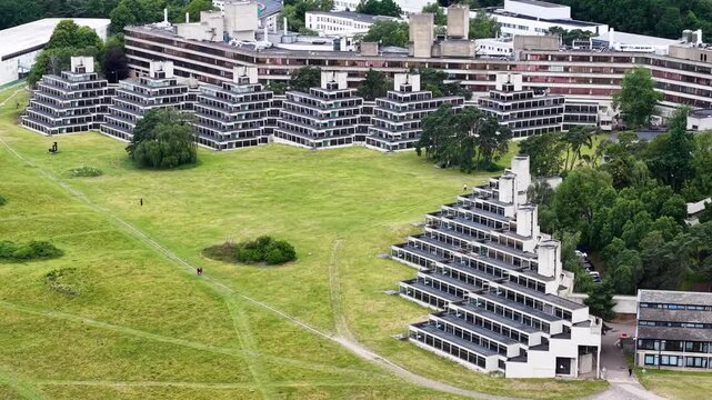 Aerial view of University of East Anglia Ziggurats, Norwich, Norfolk, UK