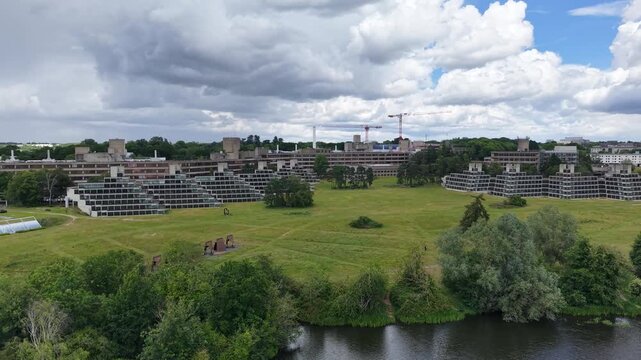 Drone view of Norfolk and Suffolk Terrace buildings at UEA, Norwich, Norfolk, UK