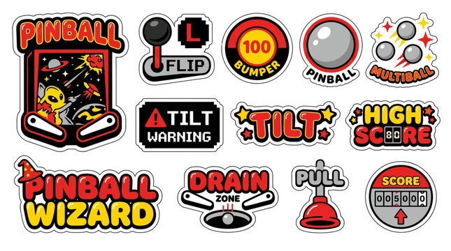 Aesthetic pinball sticker pack with y2k themed game icons and high score symbols