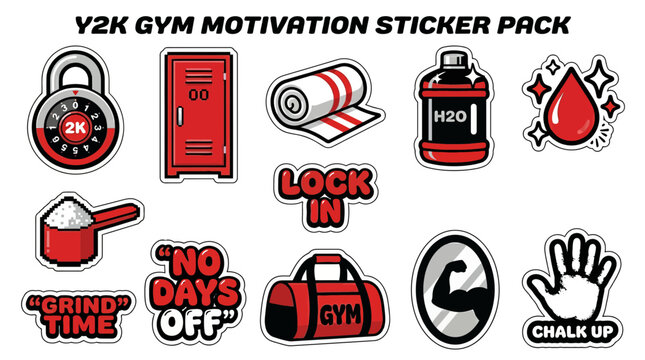 A y2k aesthetic sticker pack displays gym motivation symbols on a white background.