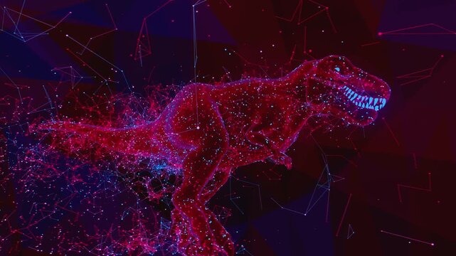 Seamless VJ loop of low poly T-Rex and geometric plexus style connections for high-tech club visuals, electronic music festivals, stage screens and for LED video walls