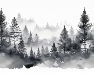 Fototapeta premium watercolour seamless surface pattern tile modern delicate misty foggy eco line of pine spruce fir forest pattern on white isolated background textiles wallpaper home decor generative ai