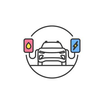 Plugin hybrid electric vehicle logo icon combining fuel and EV charging design, highlighting efficiency, eco-mobility, and sustainable automotive branding.