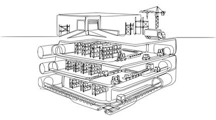 Fototapeta premium Underground warehouse logistics, 3D cross-section, construction, transport, storage, distribution center
