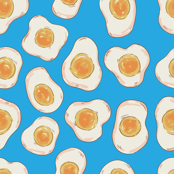 Seamless fried egg pattern on blue background