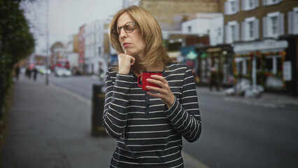 Fototapeta premium Blonde woman wearing glasses and a striped top holding a red mug, hand on cheek, looking weary while standing on a street with shops; fatigue contemplation.