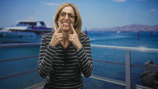 Woman pointing to her teeth with fingers on a marina pier by a yacht, smiling and blowing a kiss; joy playful affection.