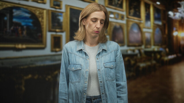 Woman with pouting lips and exposed face standing before framed paintings in an ornate gallery building, denim jacket visible; disappointment reflection.
