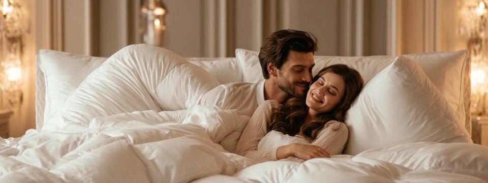 Romantic Couple Enjoying Restful Sleep in Elegant Bedroom with Soft Textiles and Cozy Atmosphere