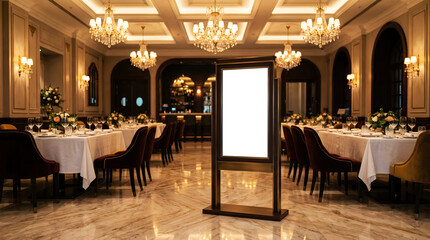 Fototapeta premium Vertical blank sign mockup in opulent hotel ballroom, empty display board for gala dinner menu, wedding reception welcome sign or luxury corporate event promotion in elegance. 