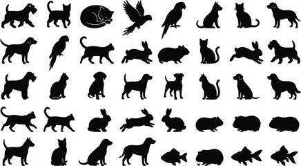 Black silhouette of various animals in a repeating pattern on white background, black animal silhouettes © GR Graphics