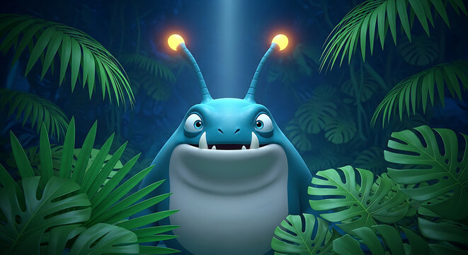 Fantasy creature with glowing antennas in tropical jungle creature tropical bioluminescence wildlife mythical mysterious environment