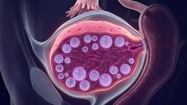 3D Medical Animation Ovarian Cyst Cross Section with Multiple Follicles Purple Glowing Spheres Polycystic Ovary Syndrome Dark Background Healthcare Concept