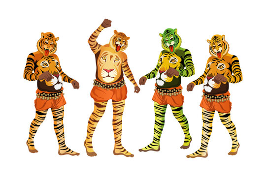 Puli Kali tiger dance artists vector illustration, Kerala culture folk art for Onam festival celebration. Vector Illustration