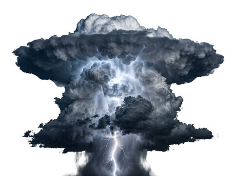 Dramatic storm cloud with lightning, dark thundercloud explosion, powerful weather event isolated on Transparent Background