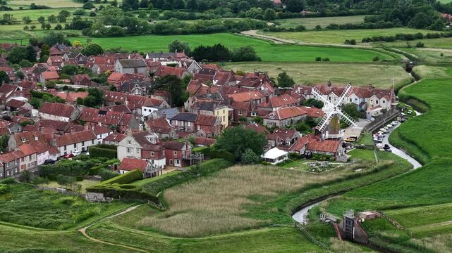 Drone shot of Cley next the Sea village, Norfolk, United Kingdom
