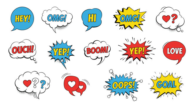 Set of colorful pop art speech bubbles with expressions like omg hi love goal and boom for comic book designs.