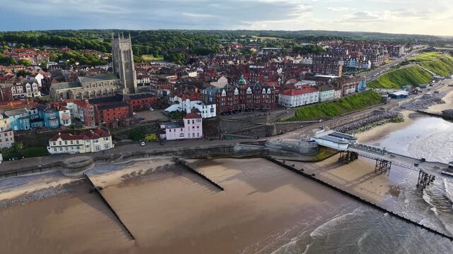 Aerial view of Cromer coastal town and beach in Norfolk, United Kingdom