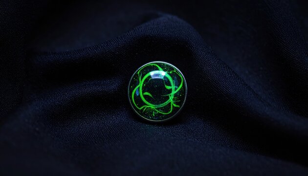 Uranium glass trinket emitting characteristic green fluorescence on dark fabric