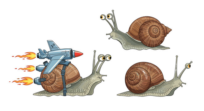 Humorous illustration showing a snail with a jet engine rocket strapped to its back for speed and two other snails.