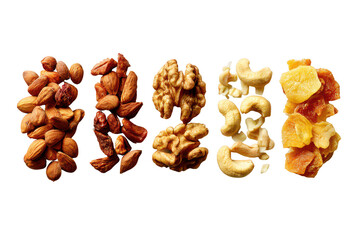 Fototapeta premium Assorted healthy nuts and dried fruits arranged in clusters for snacking and food photography