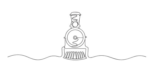 Single line abstract steam locomotive. Continuous line drawing of vintage railway engine. Historic transportation theme. Elegant outline style. One line vector illustration. © bakul garis