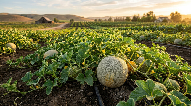 Ripe cantaloupes growing in a sprawling sunny agricultural field at sunset with lush green vines trailing across dark soil on a sustainable family farm