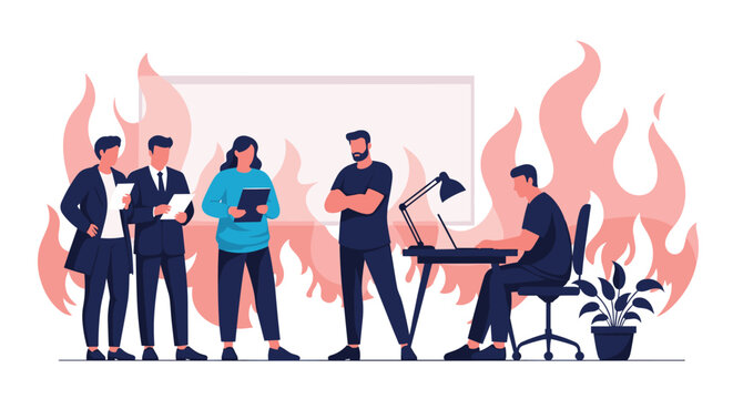 Busy business office team working together under extreme pressure represented by background flames during a high stakes deadline crisis.