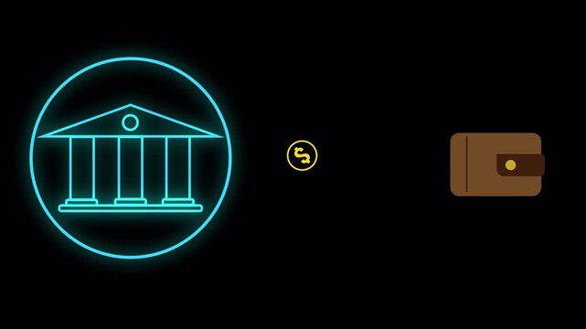 Animated neon money transfer from bank building to wallet icon